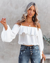 Sincerely – Schulterfreie Bluse mit Ballonärmeln - Weiß